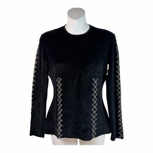 Mugler Black Velvet Top Vintage M Sheer Mesh Corset Long Sleeve Goth Grunge
